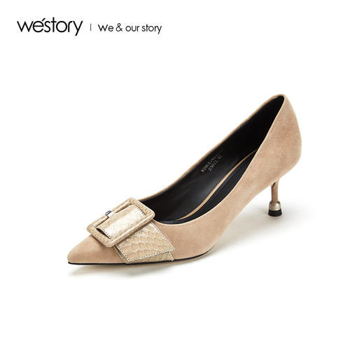 westory2019夏秋新品方扣尖头高跟鞋女蛇纹真皮优雅W29CE70241 商品图1