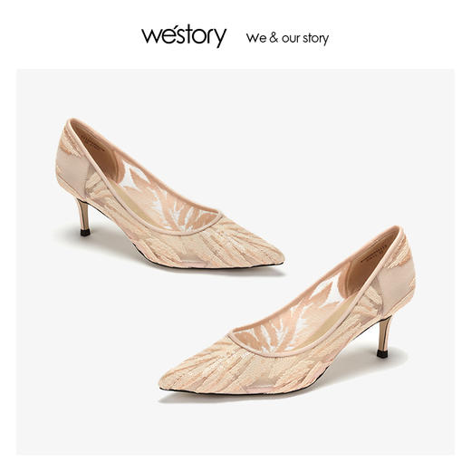 westory2019夏季新款蕾丝高跟鞋女细跟尖头西式婚宴鞋W29BH60451 商品图3