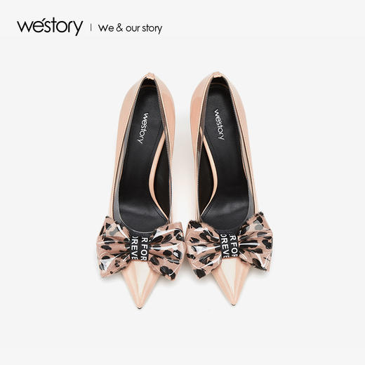 westory2019新款尖头高跟鞋女细跟透明豹纹蝴蝶结女鞋W29AE50261 商品图1