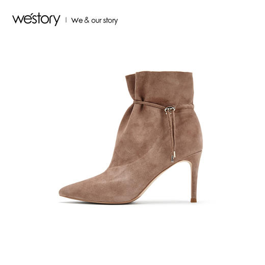 westory2019秋冬新皮尖头绒面抽绳复古细跟靴女短靴W29DS80061 商品图2