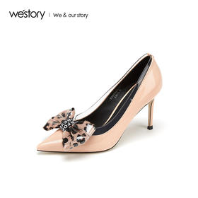 westory2019新款尖头高跟鞋女细跟透明豹纹蝴蝶结女鞋W29AE50261
