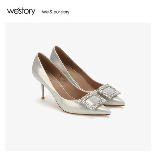 westory2020春季新品婚嫁水钻中式方扣尖头高跟鞋女W20AE51281 商品图0