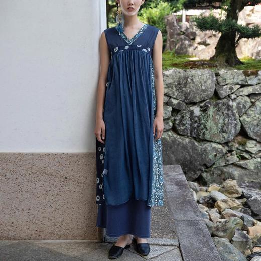 【林栖设计小店】蓝印花布系列蓝染2020夏季女装新品无袖长款两件套连衣裙 商品图0