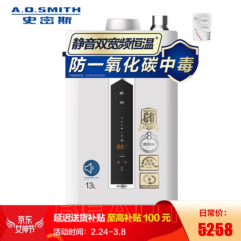 史密斯（A.O.Smith）16升燃气热水器  家用  智能静音 恒温抗风 水箱8年包换 JSQ31-ESCX(天然气)