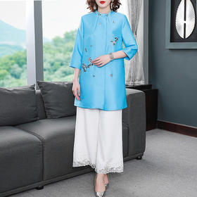 YFN-19503新品复古女装长袖蓝色减龄中长款风衣外套
