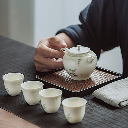 「景德镇手工手绘桂花茶壶茶具」青灰釉宋代美学球孔小茶壶 品茗杯 复古干泡盘 三才盖碗 家用陶瓷茶具 商品图3