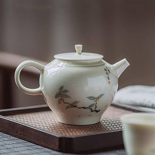 「景德镇手工手绘桂花茶壶茶具」青灰釉宋代美学球孔小茶壶 品茗杯 复古干泡盘 三才盖碗 家用陶瓷茶具 商品图1