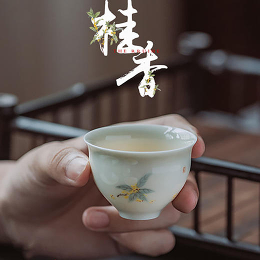 「景德镇手工手绘桂花茶壶茶具」青灰釉宋代美学球孔小茶壶 品茗杯 复古干泡盘 三才盖碗 家用陶瓷茶具 商品图2