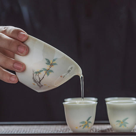 「景德镇手工手绘桂花茶壶茶具」青灰釉宋代美学球孔小茶壶 品茗杯 复古干泡盘 三才盖碗 家用陶瓷茶具 商品图8
