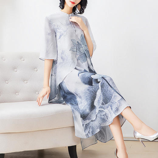 NYT-RB8888新款中国风立领长裙定位印花桑蚕丝仙女气质 商品图0