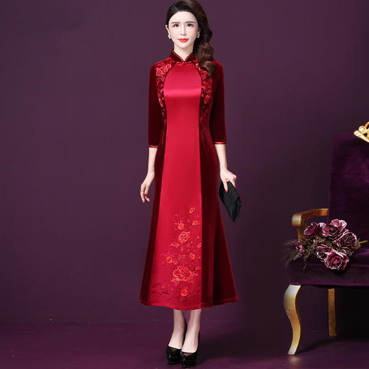 WXY-6508W新款中国风复古礼服金丝绒修身旗袍裙 商品图1