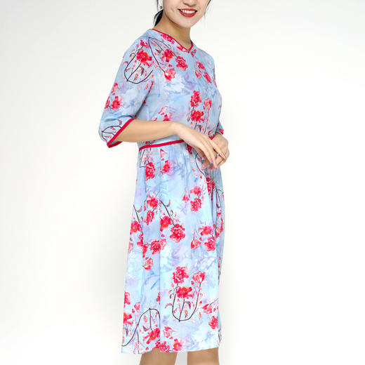 丁摩 真丝连衣裙撞色包边印花时尚中袖桑蚕丝连衣裙20-60DB399240531 商品图3