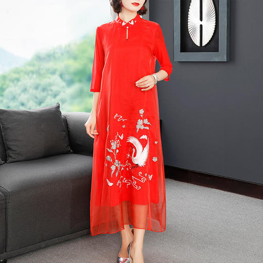 KDS-1104复古中式仙鹤刺绣欧根纱连衣裙 商品图3