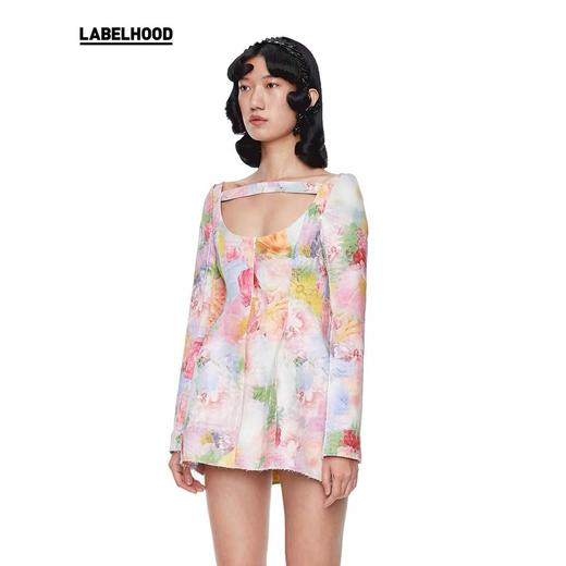 SHUSHU TONG2020春夏新款印花收腰低领一字袢带露背长袖连衣裙女 ss20dr05pl200print001 商品图0