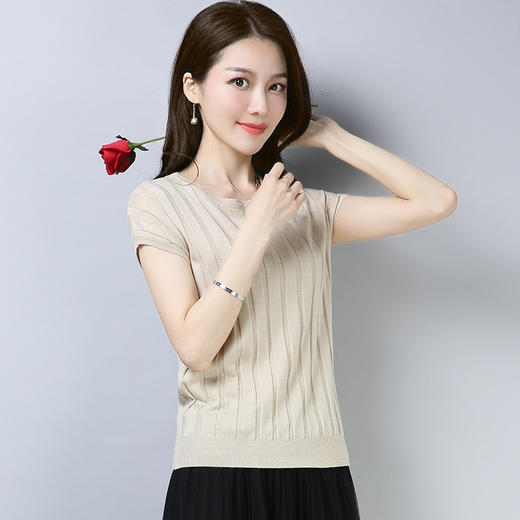 PY-39801       春夏季短袖t恤韩版新款冰丝针织衫套头打底衫T恤女上衣 商品图7