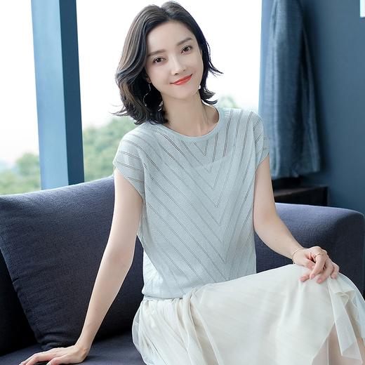 PY-38810     春季薄款女士针织衫时尚镂空V字纹短袖蝙蝠衫宽松显瘦女士上衣 商品图4