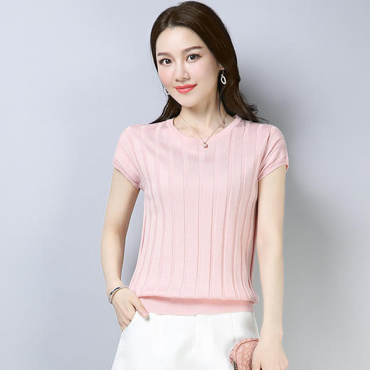 PY-39801       春夏季短袖t恤韩版新款冰丝针织衫套头打底衫T恤女上衣 商品图1
