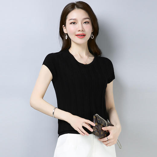 PY-39802       春夏季新款女式针织衫圆领套头短袖T恤纯色修身短款百搭打底衫 商品图6