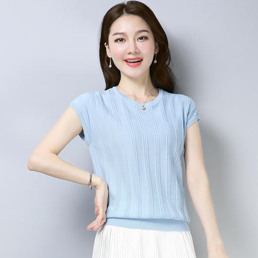 PY-39802       春夏季新款女式针织衫圆领套头短袖T恤纯色修身短款百搭打底衫 商品图2