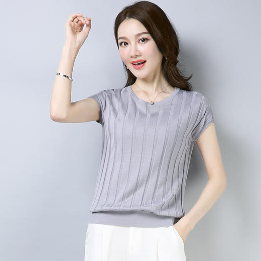 PY-39801       春夏季短袖t恤韩版新款冰丝针织衫套头打底衫T恤女上衣 商品图4