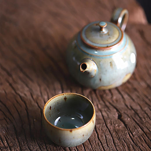 「景德镇全手工球孔蕉叶绿粗陶茶壶茶杯」 窑变釉主人壶 个人把玩陶瓷壶 品茗杯 商品图3