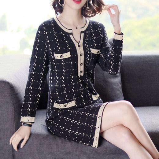 NYL-4633003新款格子长袖V领修身显瘦中长裙 商品图0