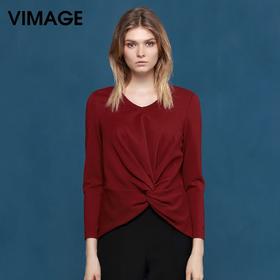 VIMAGE纬漫纪欧洲站春装新款女上衣褶皱打底衫女T恤长袖V602210
