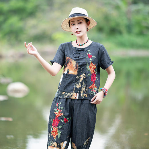 YSY-2212夏季新款大码民族风棉麻裤套装 商品图3