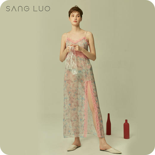 度假风睡裙清新蝴蝶印花吊带长裙SANGLUO桑罗桑蚕丝睡衣女 商品图1