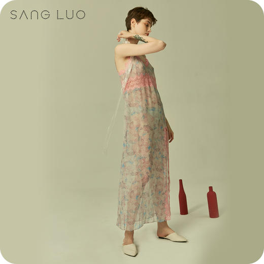 度假风睡裙清新蝴蝶印花吊带长裙SANGLUO桑罗桑蚕丝睡衣女 商品图2