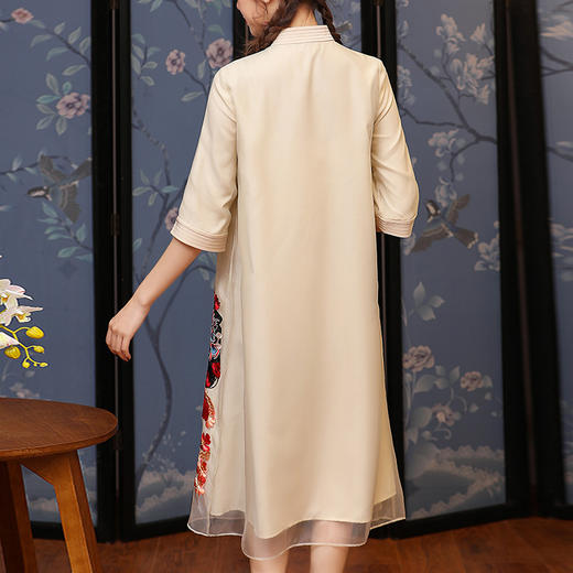 上海旗袍厂KDS-1162复古中国风女装2020春夏新款立领京剧刺绣五分袖中长款纱连衣裙 商品图4