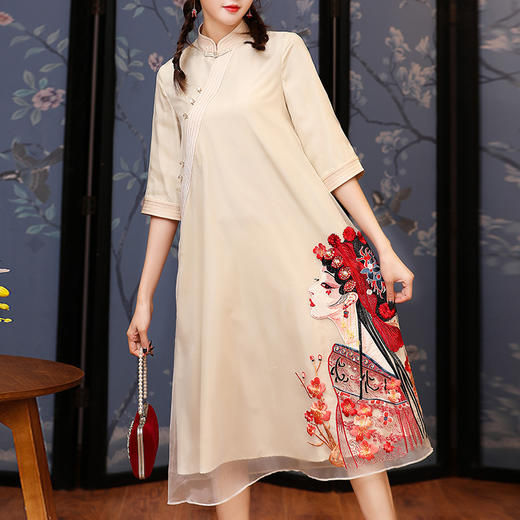 上海旗袍厂KDS-1162复古中国风女装2020春夏新款立领京剧刺绣五分袖中长款纱连衣裙 商品图2