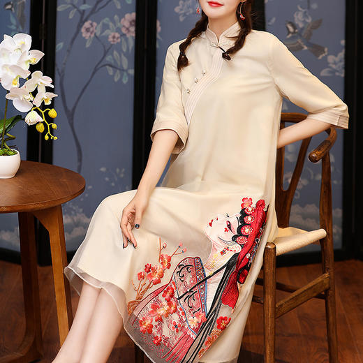 上海旗袍厂KDS-1162复古中国风女装2020春夏新款立领京剧刺绣五分袖中长款纱连衣裙 商品图1