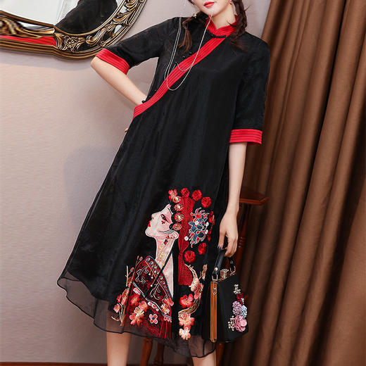 上海旗袍厂KDS-1162复古中国风女装2020春夏新款立领京剧刺绣五分袖中长款纱连衣裙 商品图3