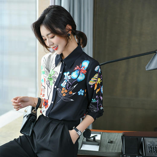 KQL-260003春夏新款真丝衬衫女拼接洋气桑蚕丝上衣 商品图0