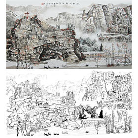 工笔画白描底稿-白雪石横幅山水-BX16