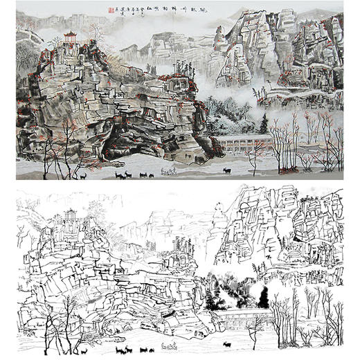 工笔画白描底稿-白雪石横幅山水-BX16 商品图0
