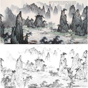 工笔画白描底稿-白雪石横幅山水-BX09