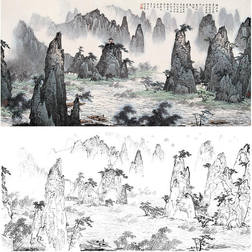 工笔画白描底稿-白雪石横幅山水-BX09 商品图0