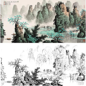 工笔画白描底稿-白雪石横幅山水-BX06