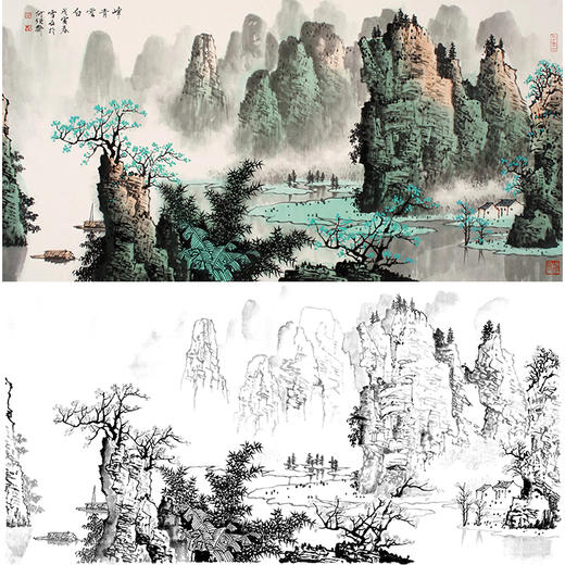 工笔画白描底稿-白雪石横幅山水-BX06 商品图0