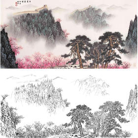 工笔画白描底稿-白雪石四尺横幅山水-BX12