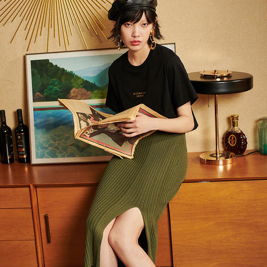 【149选2】simplepieces针织半裙女2020夏季性感修身显瘦高腰侧开叉一步裙 商品图6