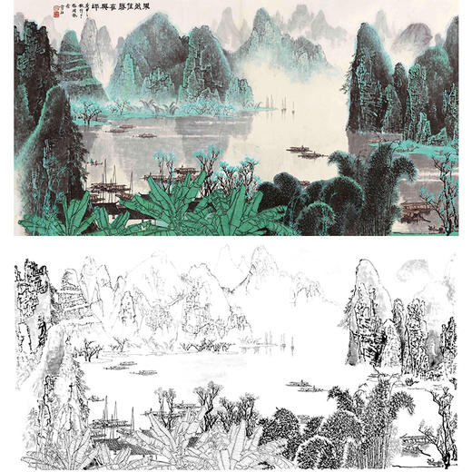 工笔画白描底稿-白雪石横幅山水-BX17 商品图0