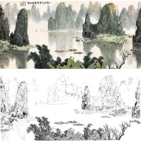 工笔画白描底稿-白雪石横幅山水-BX07