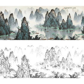 工笔画白描底稿-白雪石横幅山水-BX13