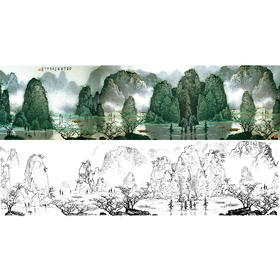 工笔画白描底稿-白雪石横幅山水-BX20