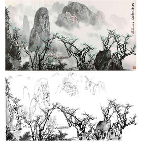 工笔画白描底稿-白雪石横幅山水-BX15