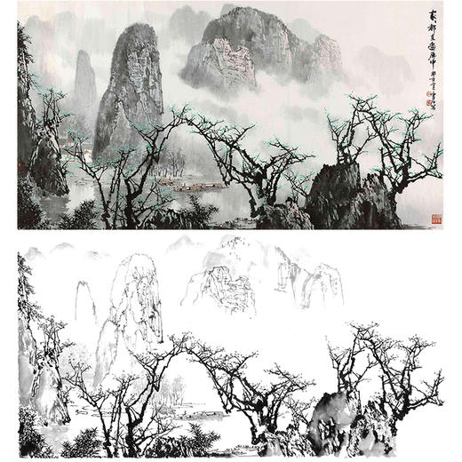 工笔画白描底稿-白雪石横幅山水-BX15 商品图0