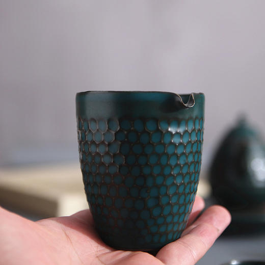 「手工陶艺茶具」手工锤纹孔雀绿茶壶 锤纹公道杯 锤纹品茗杯 商品图2